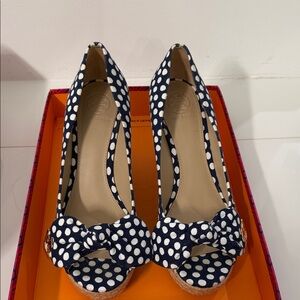 Tory Burch Navy and White Polka Dot Peep-Toe Wedge Heels with Bow